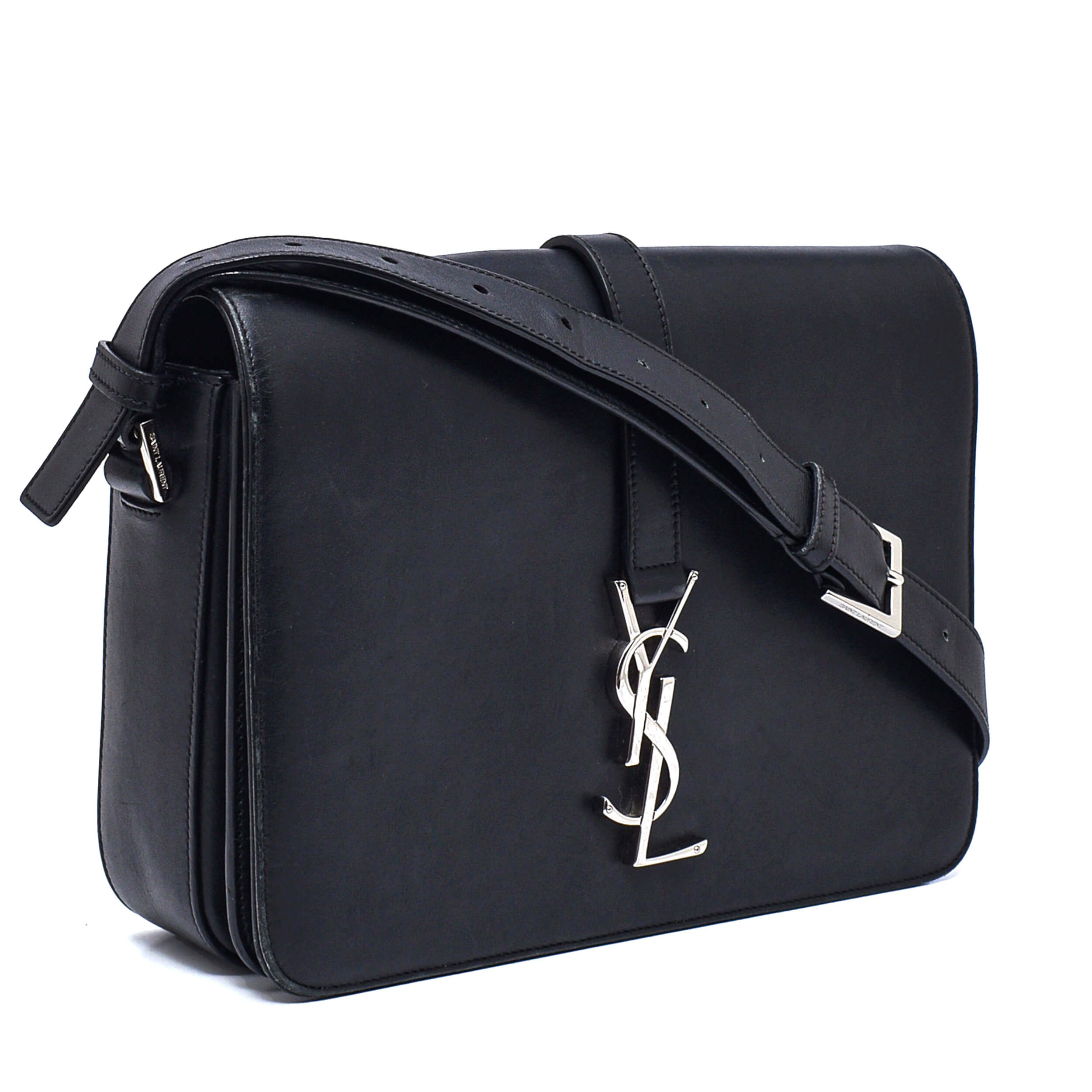 Yves Saint Laurent-Black Leather Monogram Universite Flap Shoulder Bag 